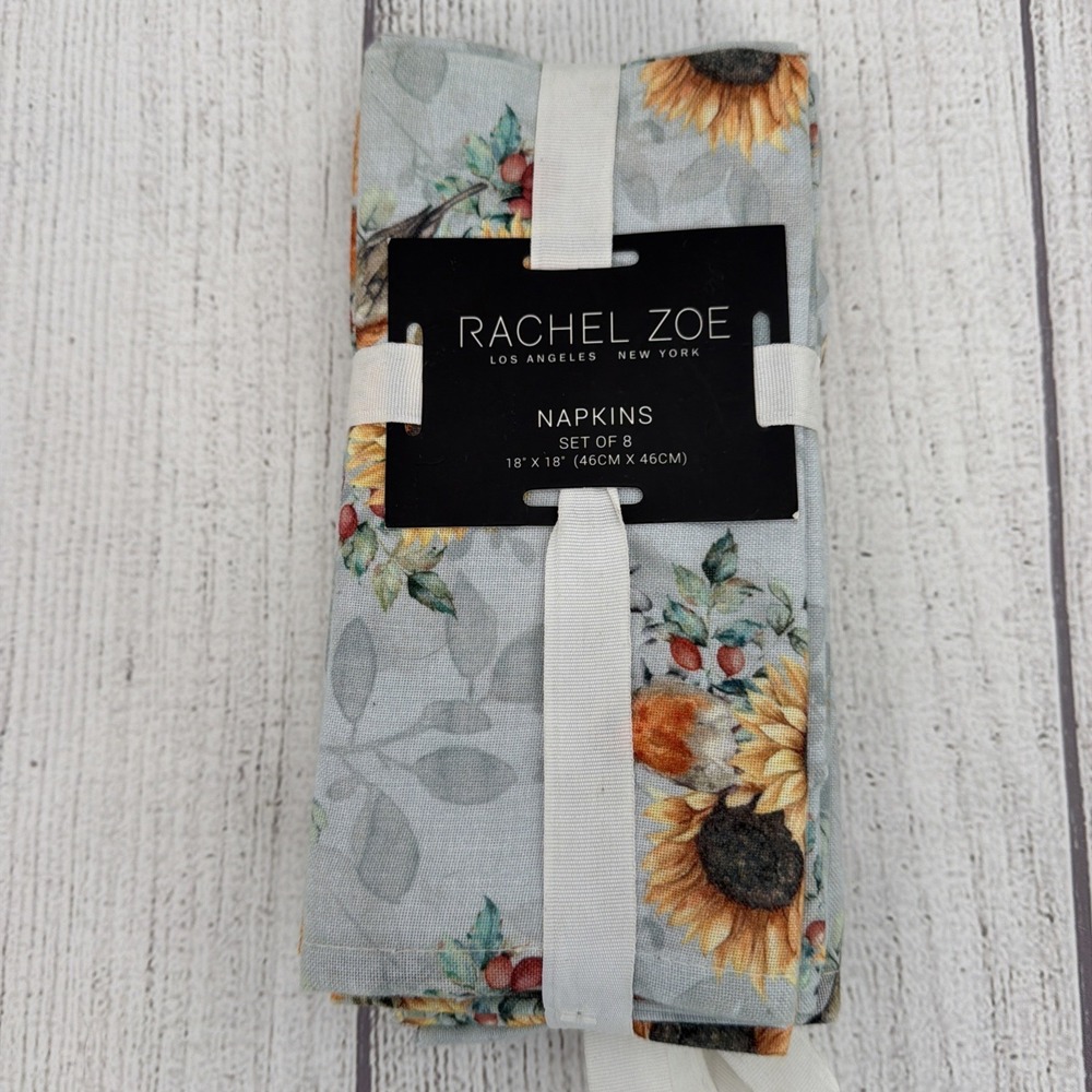 Rachel Zoe Napkins (Set of 8) Gray Yellow Green Sunflowers Flowers Birds Garden